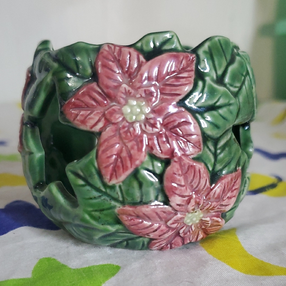 Vintage Christmas Floral Green and Pink Ceramic‎ Candle Holder With Stars 2000